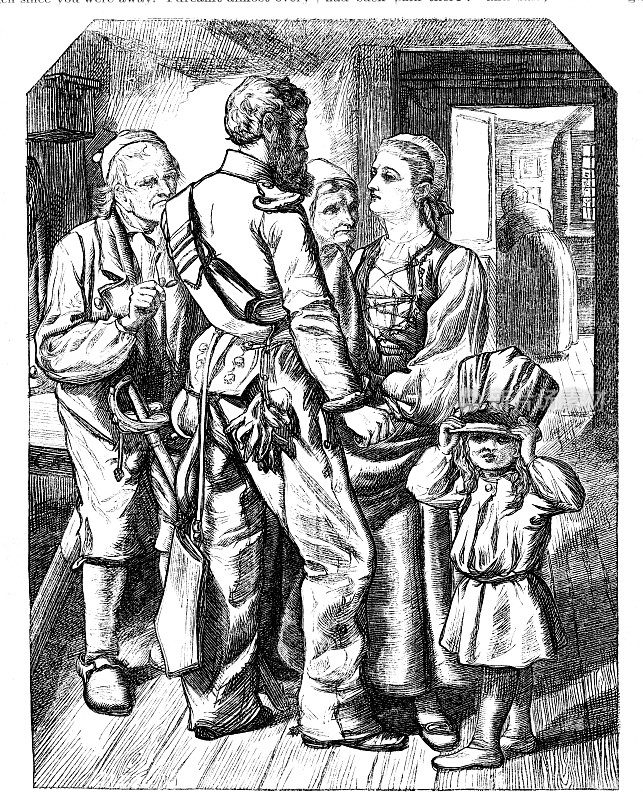士兵和家人从1862年的杂志中离开/返回